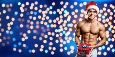 AI generated Joyful Man with Gift by Christmas Tree photo