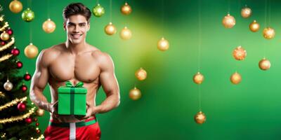 ai generado alegre hombre con regalo por Navidad árbol foto