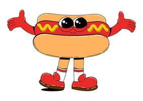 Hot dog character in retro cartoon style. Fast food vector illustration on white isolated background. Hot Dog with arms, legs and a cheerful face.