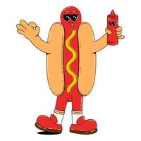 Hot dog character in retro cartoon style. Fast food vector illustration on white isolated background. Hot Dog with arms, legs and a cheerful face.