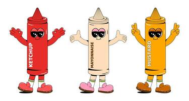 Ketchup, mustard and mayonnaise character in retro cartoon style. Vector illustration of fast food sauces on a white isolated background. A set of sauces with arms, legs and a cheerful face.