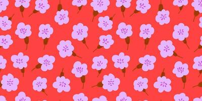 Simple vector seamless pattern with spring flowers on red. Ditsy flowers pattern
