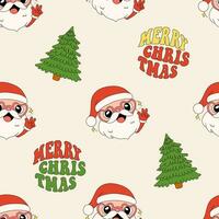 Groovy Seamless pattern with funny Santa and Christmas tree. Retro Merry Christmas lettering. Seamless background Cartoon head Santa, vintage style. vector