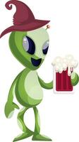 Alien with beer, illustration, vector on white background.