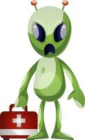 Alien with medkit, illustration, vector on white background.