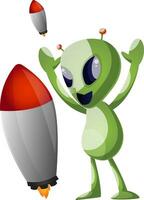 Alien with rocket, illustration, vector on white background.