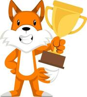 Fox with trophy, illustration, vector on white background.
