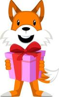 Fox with birthday present, illustration, vector on white background.