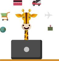 Giraffe with laptop, illustration, vector on white background.