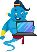 Genie with laptop, illustration, vector on white background.