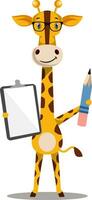 Giraffe with pen and notebook, illustration, vector on white background.