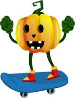 Pumpkin with skateboard, illustration, vector on white background.