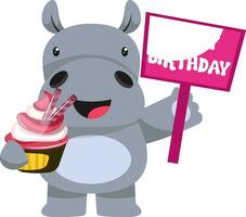 Hippo with cake, illustration, vector on white background.