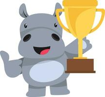 Hippo with trophy, illustration, vector on white background.