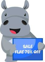 Hippo with sale sign, illustration, vector on white background.