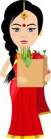 Indian woman with food , illustration, vector on white background.