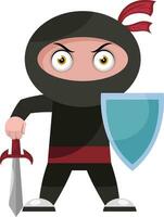 Ninja with shild, illustration, vector on white background.