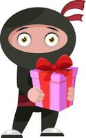 Ninja with birthday present, illustration, vector on white background.