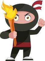 Ninja con antorcha, ilustración, vector sobre fondo blanco.