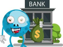 Blue monster with money and bank, illustration, vector on white background.