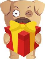 Pug with birthday present, illustration, vector on white background.