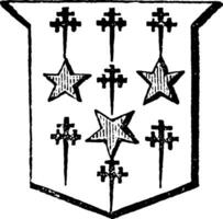 Mullets and Cross Crosslets are part of an escutcheon between the chief and the base, vintage engraving. vector