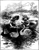 Girls  Rowboat, vintage illustration. vector
