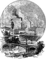 Factory near River  Train Tracks, vintage illustration. vector