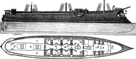 colberto, un francés acorazado barco, Clásico grabado vector