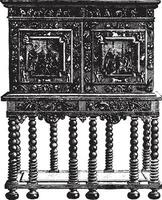 Office furniture on credence table ebony sixteenth century Hammer Museum in Stockholm, vintage engraving. vector