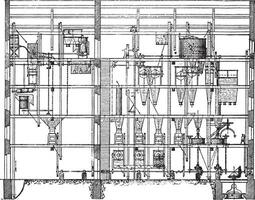 Ripping a mixed mill cylinders and wheels for 3-4 Quintax wheat per hour, vintage engraving. vector