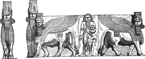 alivio esculturas a el Entrada de kuyunjik palacio restos, en mosul, Irak, Clásico grabado ilustración vector