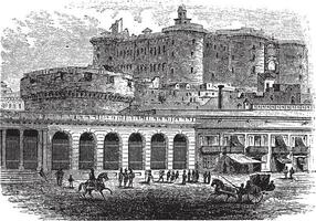 Castel Nuovo in Naples, Campania, Italy, vintage engraved illustration vector