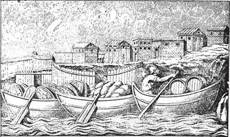 Boats and city, vintage engraving. vector