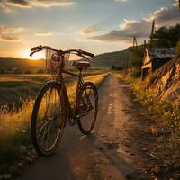 ai generado lado ver hermosa paisaje imagen con en pie bicicleta a puesta de sol generativo ai foto