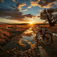 AI generated Side view Beautiful landscape image with standing Bicycle at sunset Generative AI photo