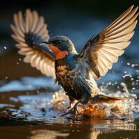 AI generated Barn swallow Hirundo rustica in flight drink, king fisher concept. Generative AI photo