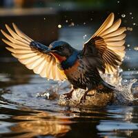 AI generated Barn swallow Hirundo rustica in flight drink, king fisher concept. Generative AI photo