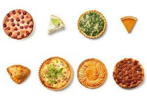 AI generated Collection of sweet pies, isolated , pumpkin pie, banoffee pie, peacan pie, key lime pie slice, apple tart, blueberry galette wedge, tarte Tatin slice, top view photo