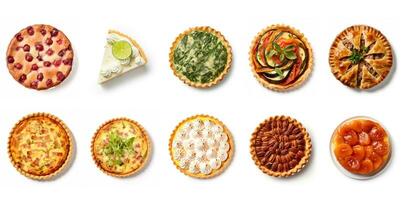 AI generated Set of different pies spinach ricotta pie, key lime pie slice, cherry clafoutis, pumpkin pie, Cornish pasty, succulent quiche lorraine, apple tart, pecan pie isolated photo