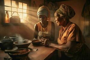 ai generado mayor africano mujer enseñando cómo a Cocinando joven dama. generar ai foto