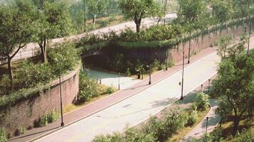 Empty asphalt road in city with trees photo