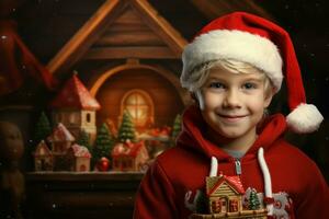 ai generado jovial chico Papa Noel claus casa. generar ai foto