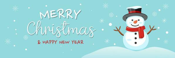 Winter horizontal banner design with snowman and snowflakes, Christmas background vector