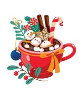 Christmas cocoa with marshmallows in the shape of a snowman.  Cute christmas print. Vector. vector