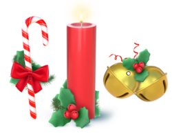 3d tolkning jul godis sockerrör, röd ljus och gyllene klockorna png