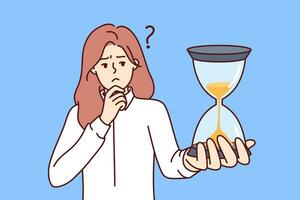 Pensive woman holding hourglass and scratching chin feeling discomfort due to strict deadlines. Girl with hourglass in hands thinks about productivity and ways to save time at work. vector