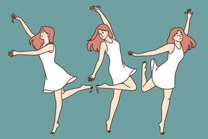 Woman ballerina in white dress demonstrates flexibility and warms up taking various ballet poses. Girl ballerina trains flexibility dreaming of performing on stage in front of audience. vector