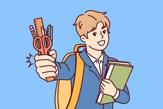 Little boy from elementary school with smile demonstrates stationery and books, standing with backpack. Concept of back to school, with child going to first grade and rejoicing at onset of september vector