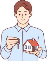 hombre real inmuebles corredor sostiene llaves y modelo casa ofrecimiento a tomar fuera hipoteca en favorable condiciones png